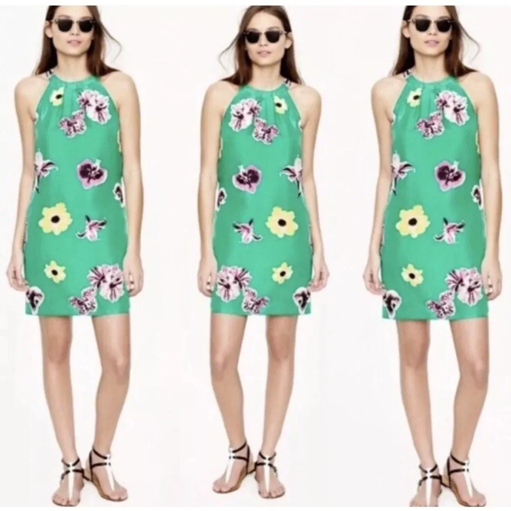 J. Crew‎ Green Floral Silk Halter Swoop Mini Dress size 4